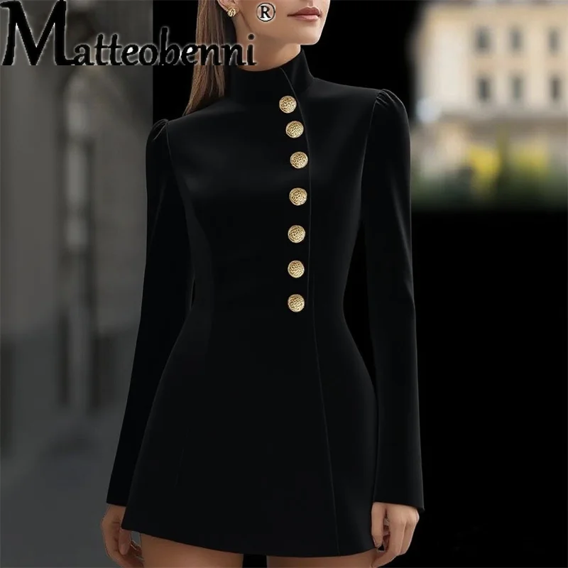 Blazer solidi da pendolare alla moda da donna Abito da ufficio monopetto in vita Abito da festa Elegante mini abito a maniche lunghe con colletto alla coreana