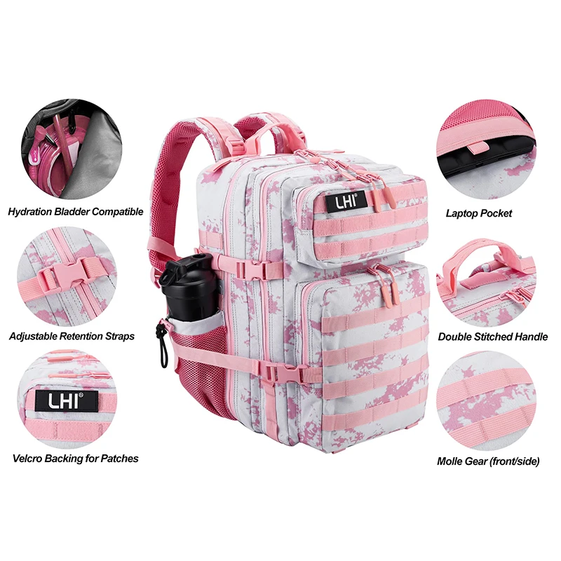 LHI 45L Tactical Backpack Waterproof Tie-Dye Sports Travel Daily Gym Rucksacks Weekend Overnight Daypack With Bottle holder