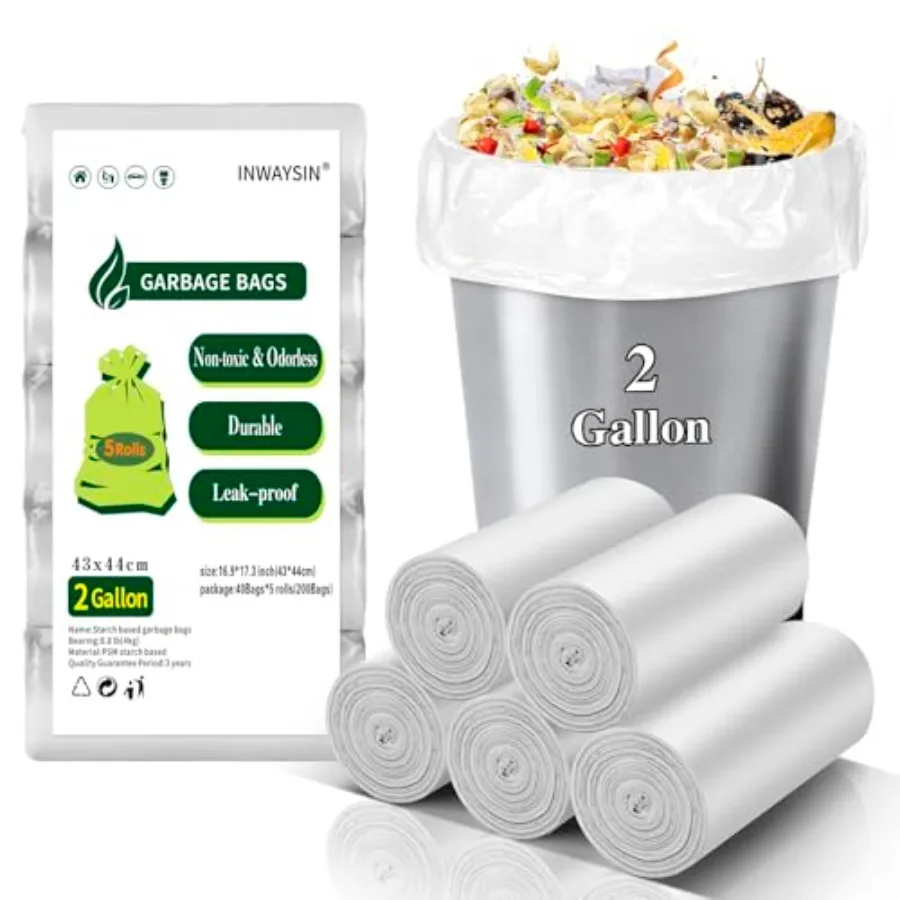 

Compostable 2 Gallon Garbage Bags - Biodegradable 200 Counts Bulk Unscented Small Trash Bags Bulk Recycled Clear White Waste Ba