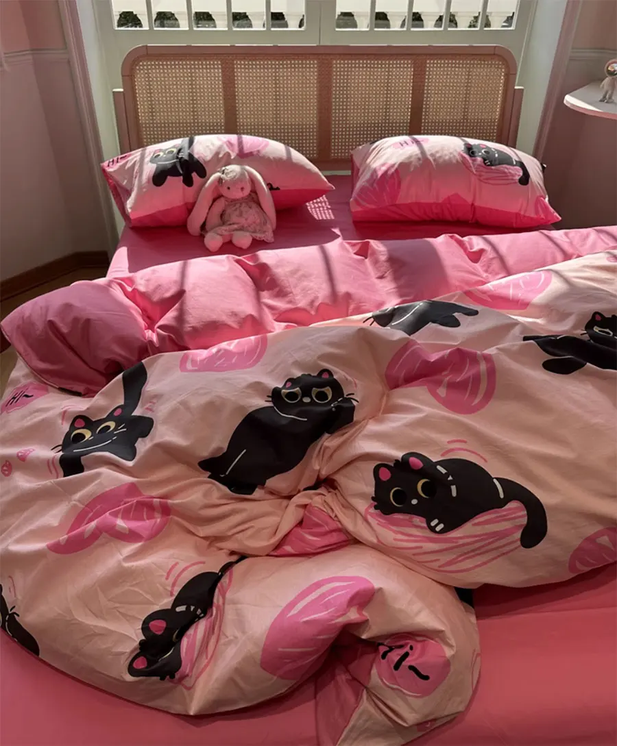 Fashion cute cartoon cat heart pink bedding set teen,twin full queen king cotton home textile bed sheet pillow case quilt cover