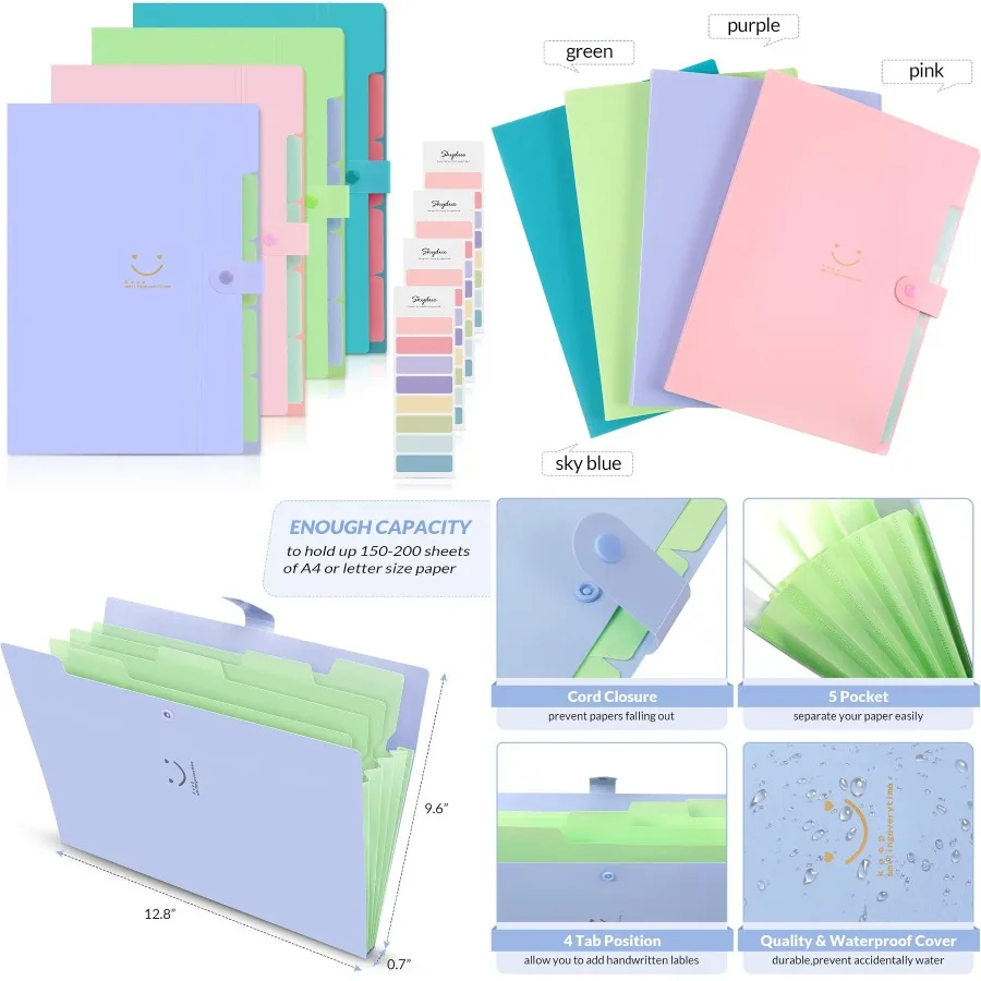 

SKYDUE 4 Packs Expanding File Folder with 32 Labels 5 Pockets A4 Letter Size Accordion Folder Paper Organizer for School and Of