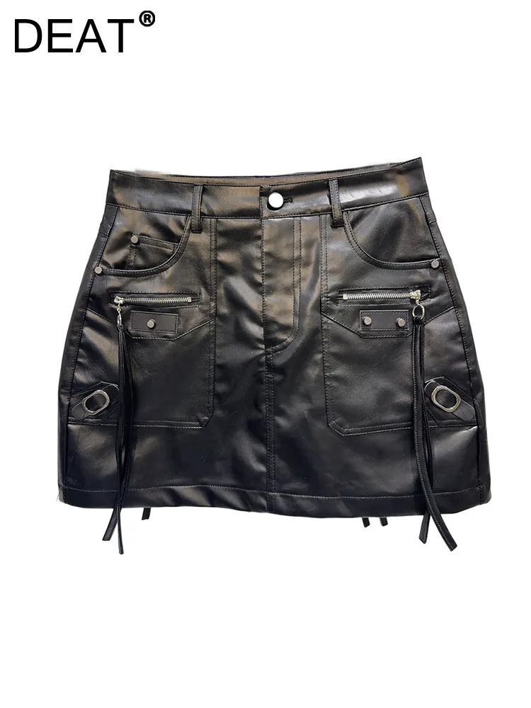 

DEAT Women's Pu Leather Skirt Black Zippers Decoration Short Multiple Pockets Design Cargo Skirt Autumn 2024 New Fashion 29L8334