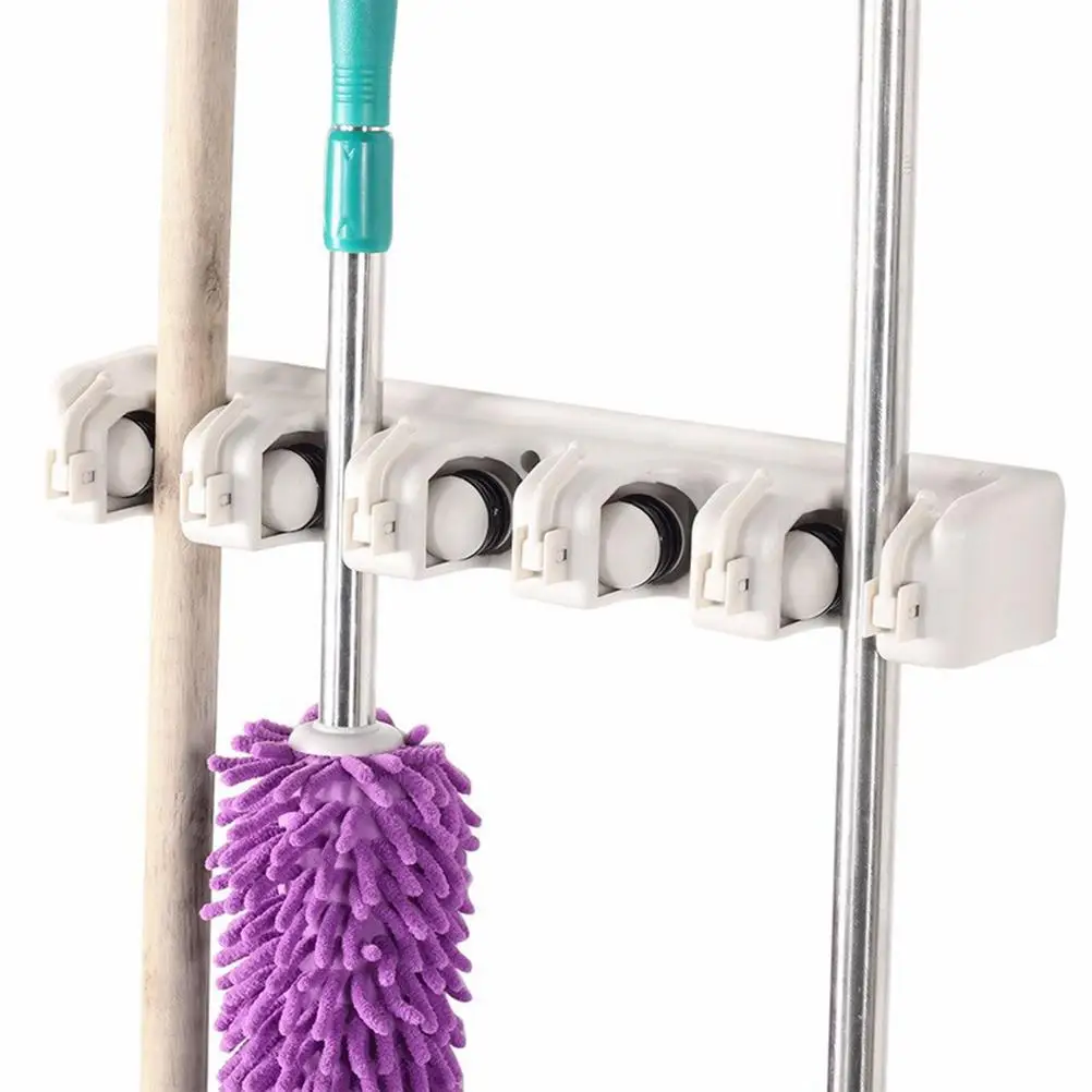 

Mop Holder Broom Hanger Mounted 6 Hooks 5 Positions Durable PP Plastic Kitchen Garden Garage Laundry Office Cleaning