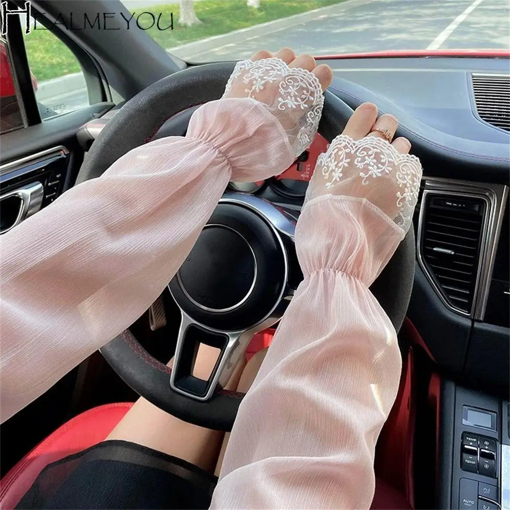 الحلو الشمس حماية الدانتيل الأكمام أصابع البوليستر طويلة أكمام أذرع تبريد تنفس اليد الأكمام الصيف غطاء للذراع القيادة