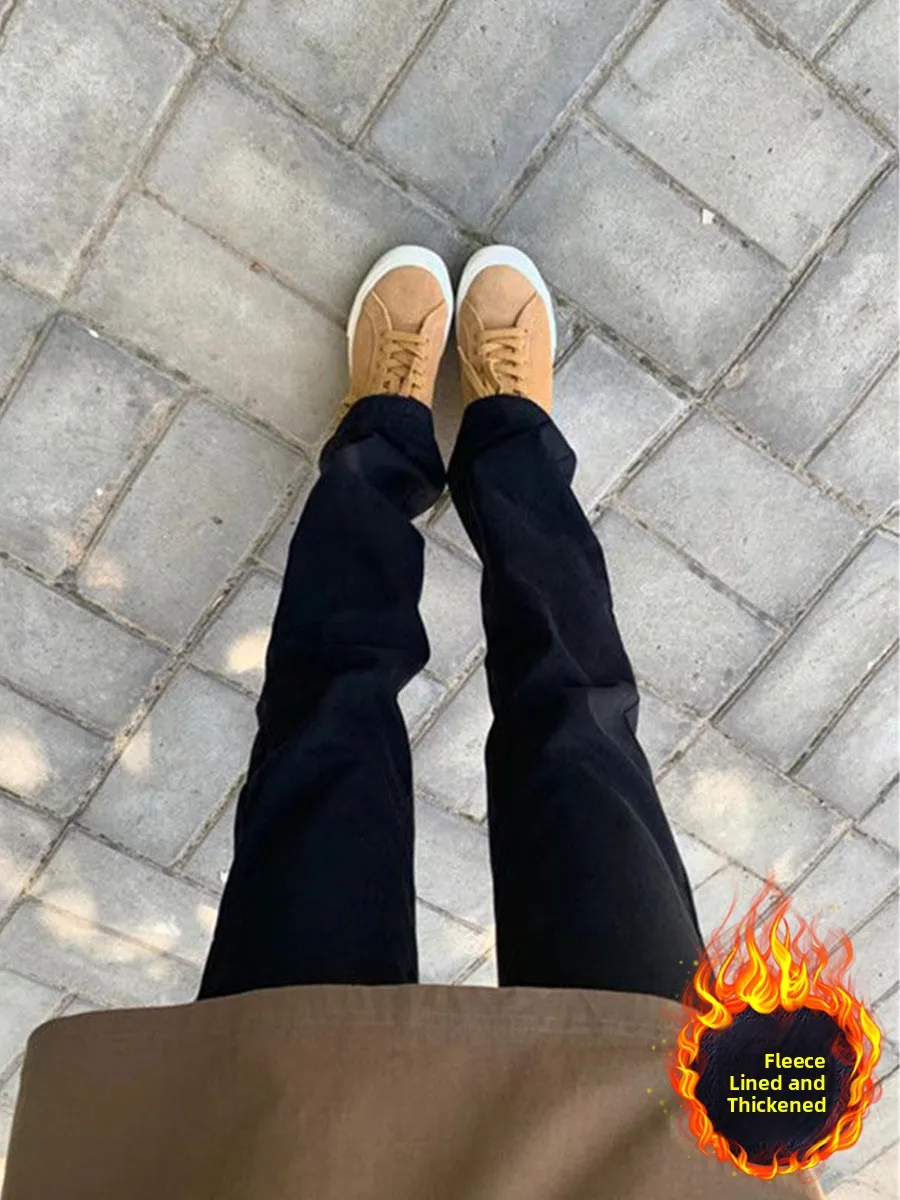 جينز نسائي عالي الخصر مستقيم الساق مبطن من قماش الدنيم بنطلون فضفاض مناسب للتخسيس للجسم الكمثرى العصري