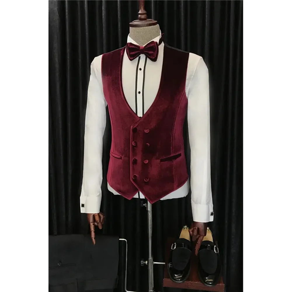 Elegant Velvet Shawl Lapel Men Suits 3 Piece Formal Banquet Prom Dinner Outfits Wedding Party Tuxedo Slim (Blazer+Vest+Pants)