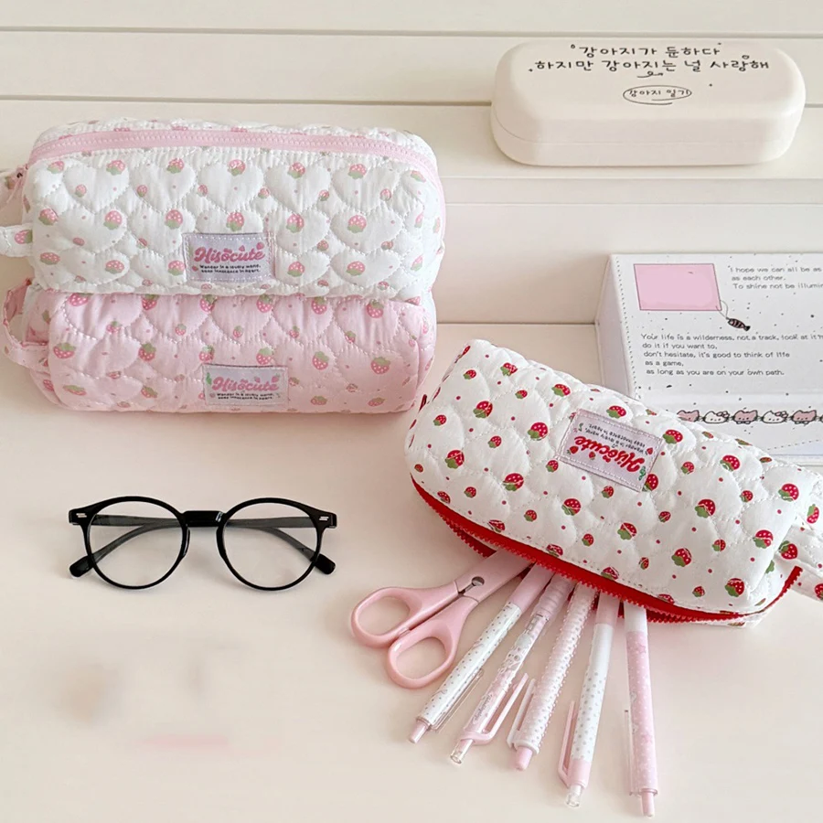 1pc Cute Cartoon Strawberry Quilted Pencil Case Student Stationery Large Capacity Desktop Storage Pen Bag Kids School Supplies