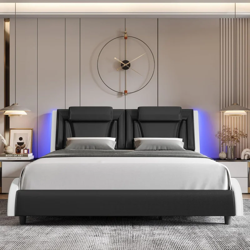 Keuv upholstery bed frame with adjustable LED headboard, PU leather platform bed with wave-like curve design and solid wooden