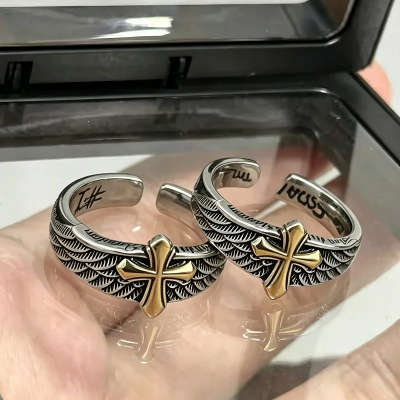 1/2Pcs Gothic Feather Cross Eagle Wings Rings Graffiti Design Resizable Opening Rings Women Men Fashion Jewelry Birthday Gifts