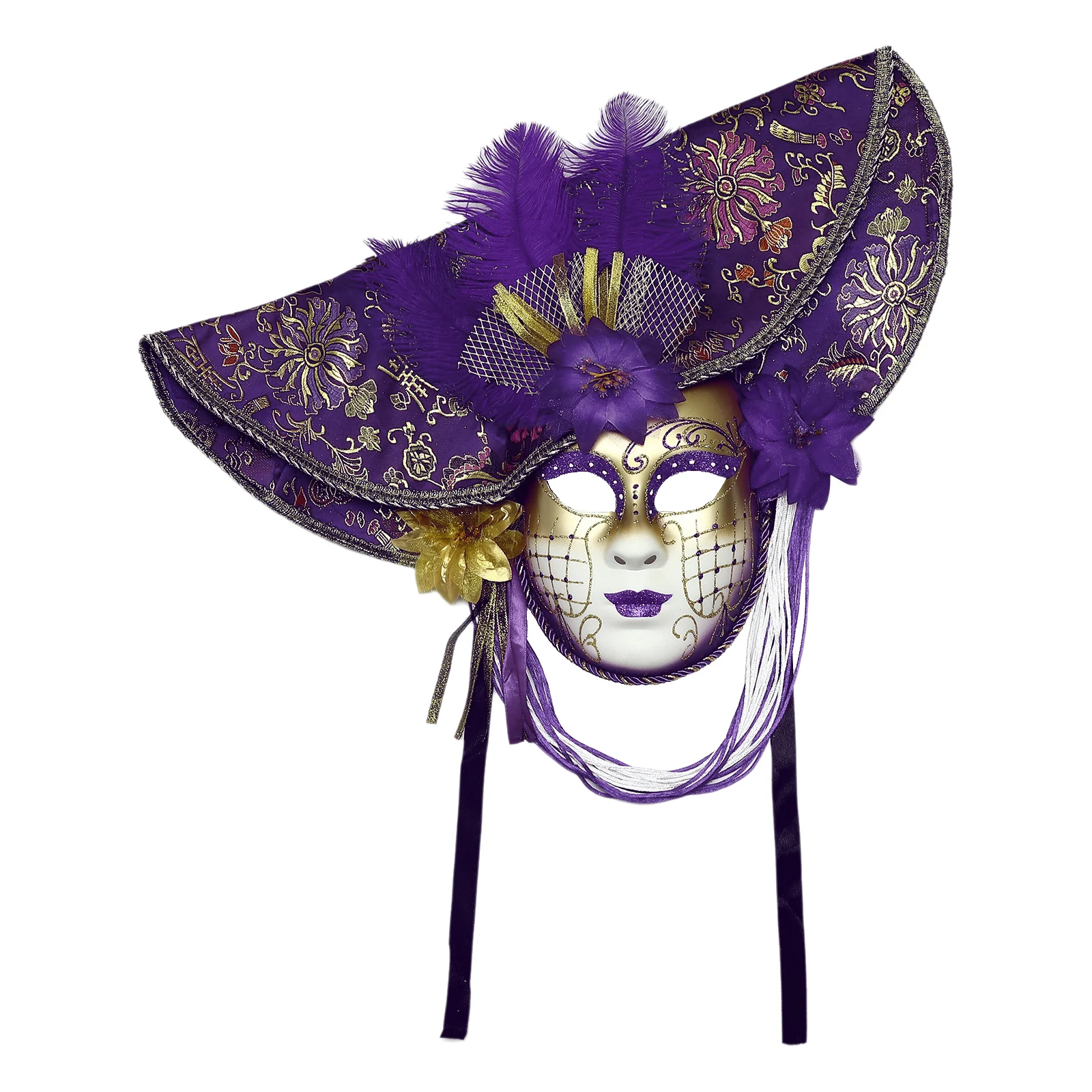Women Venetian Feather Mask Full Face Visibility Glittery Embroidery Metallic Belt Party Props Masquerade Ball Mask Essential 4