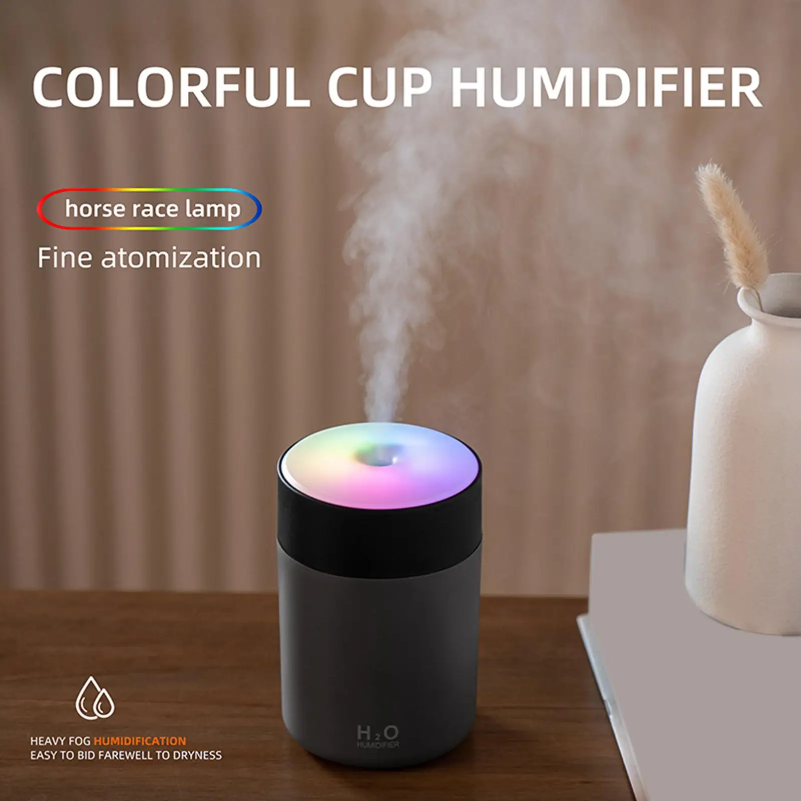 USB Desktop Colorful Humidifier 300ml Car Humidifier with 2 Mist Modes Auto Shut Off for 15-20 Square Meter Room Multifunctional