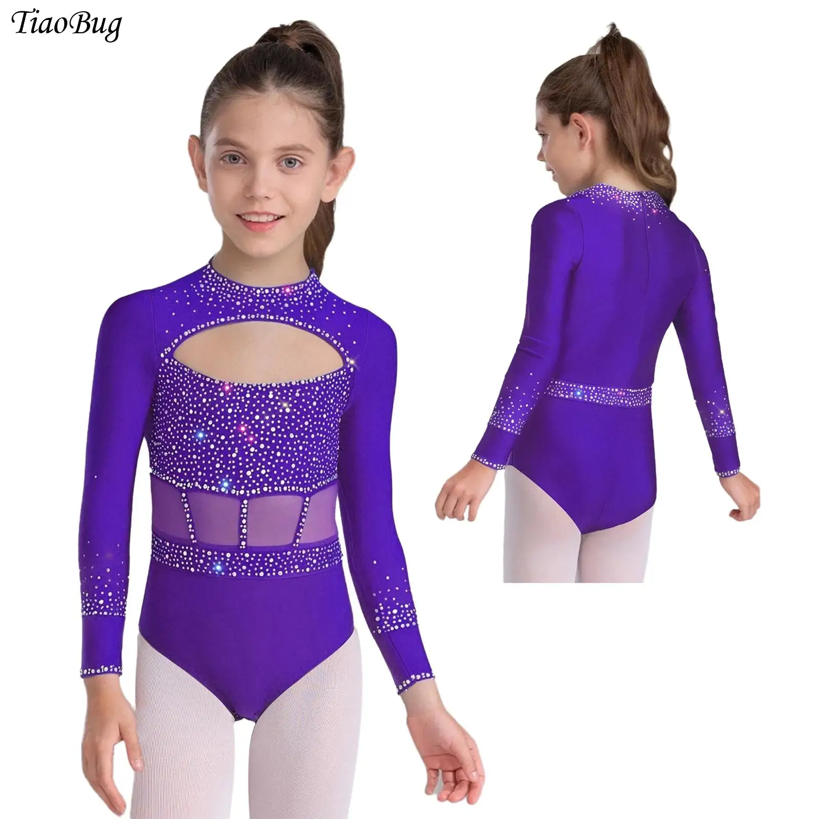 

Girls Rhinestones Ballet Jersey Long Sleeve Gymnastics Leotard Dance Bodysuit Skating Workout Jumpsuit +Shorts Headwear Yoga Set