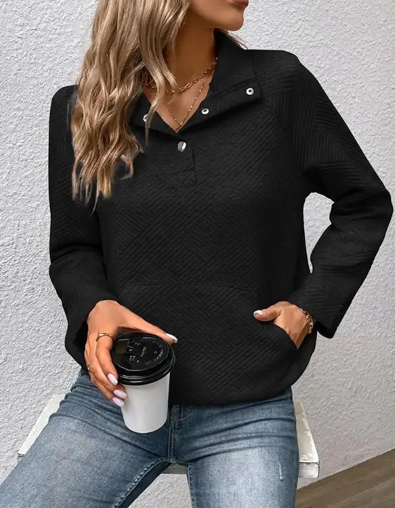 

2025 Autumn New Solid Color Collar Button Front Long Sleeve Top Women's Casual Texture Long Sleeve Straight Tube T-Shirt Top
