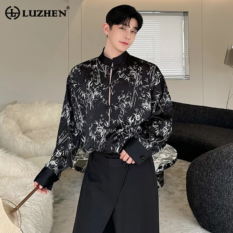 

LUZHEN Bamboo Printed Design Stylish Long Sleeved Shirts 2024 Spring New Personality Trendy Handsome Men's Street Tops LZ3425