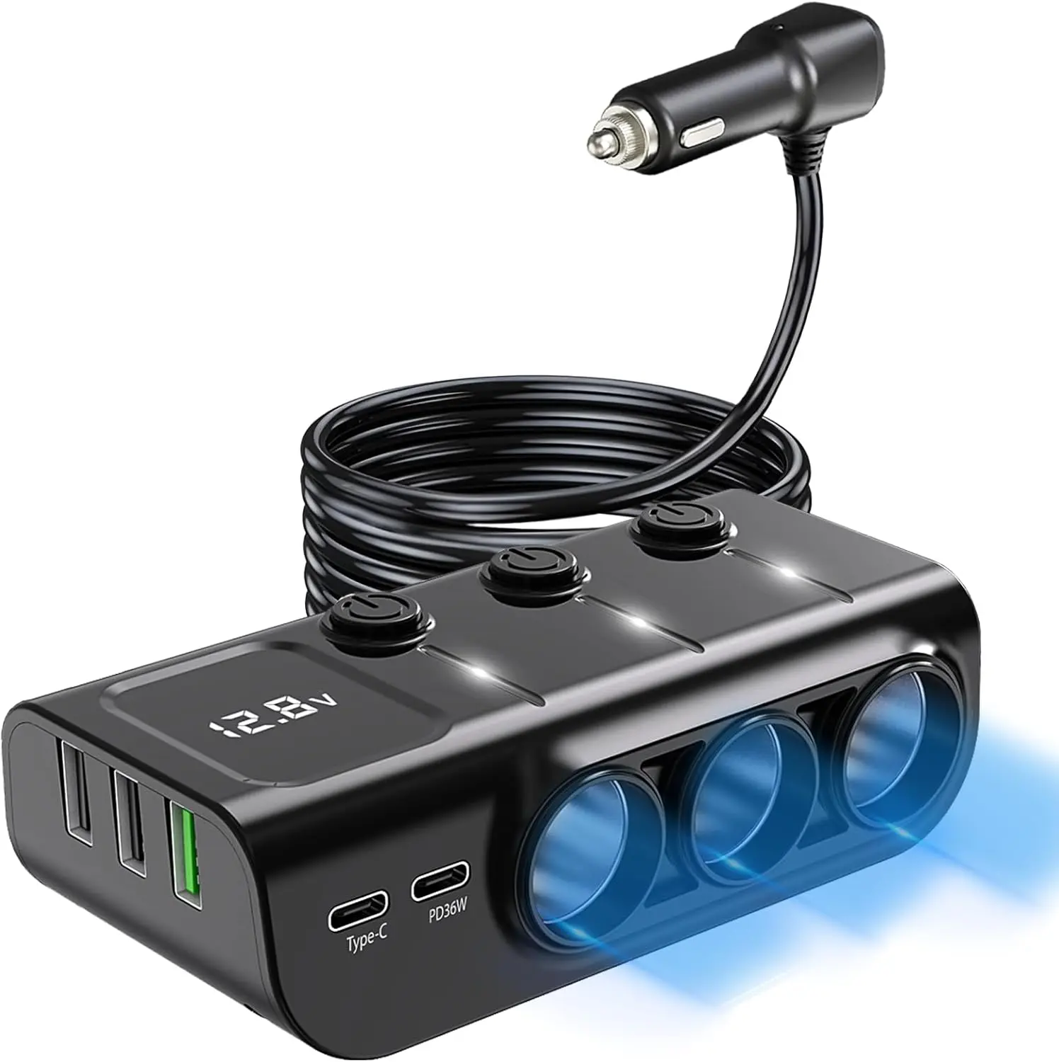 

Автомобильное зарядное устройство 8-в-1 с 5 USB-портами, выходом 120 Вт и LED-вольтметром для автомобилей и кемпинга