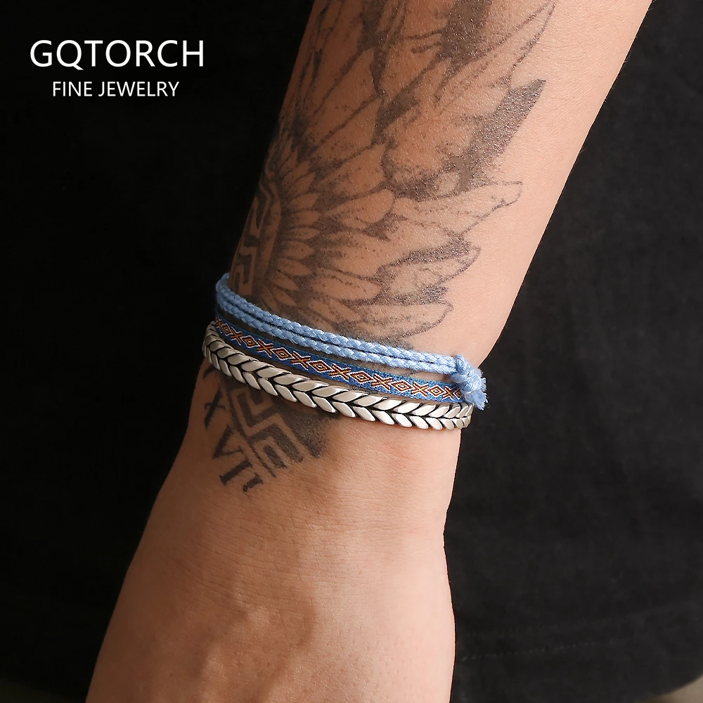 3pcs/set Bohemian Stack Bracelet for Men 999 Pure Silver Braided Cuff Bangle Fabric Cloth Bracelets Handmade Summer Jewelry