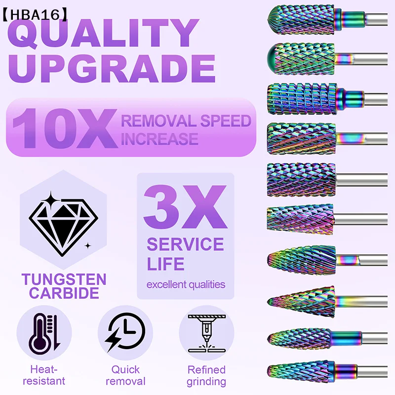 Forets à cuticules en acier au tungstène irisé, nettoyeur sous les ongles, peau morte, préparation des ongles 3/32 pouces pour lime à ongles électrique