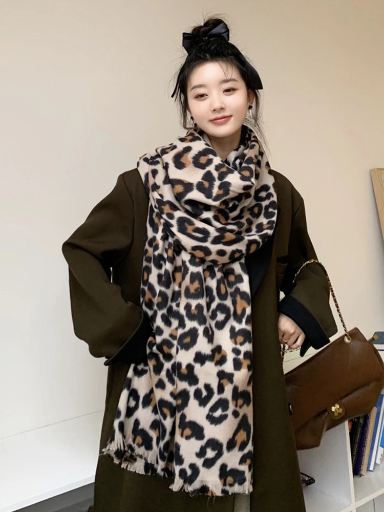 Elegant Imitation Cashmere Women Retro Leopard Print Winter Double Sided Scarf Warm Lady Female Thick Blanket Long Wrap Shawl