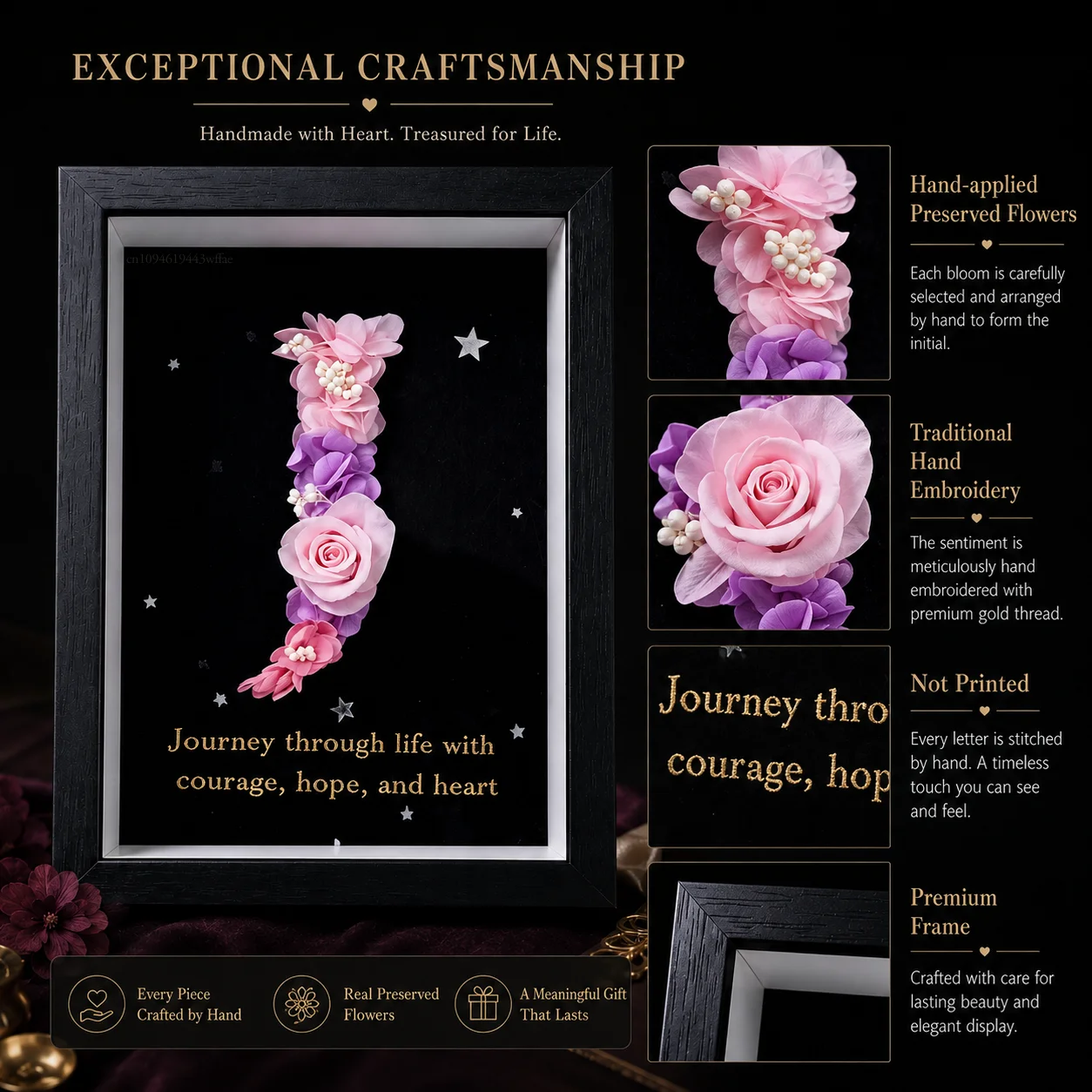 Personalized Preserved Floral  Picture Frame Custom A-Z Letter Embroidery Custom Text Gift For Women Lover Birthday Room Decor