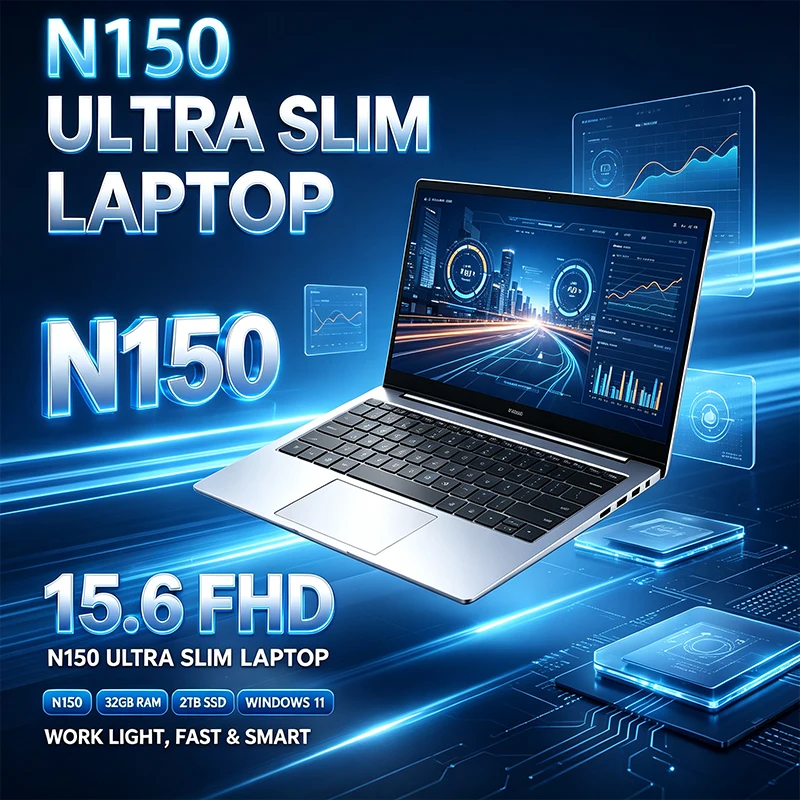 Laptop de 15,6 polegadas com ecrã IPS FHD de 120 Hz, processador Intel Core N150, 32 GB de RAM, SSD de 2 TB de alta velocidade, teclado retroiluminado e bateria de longa duração.