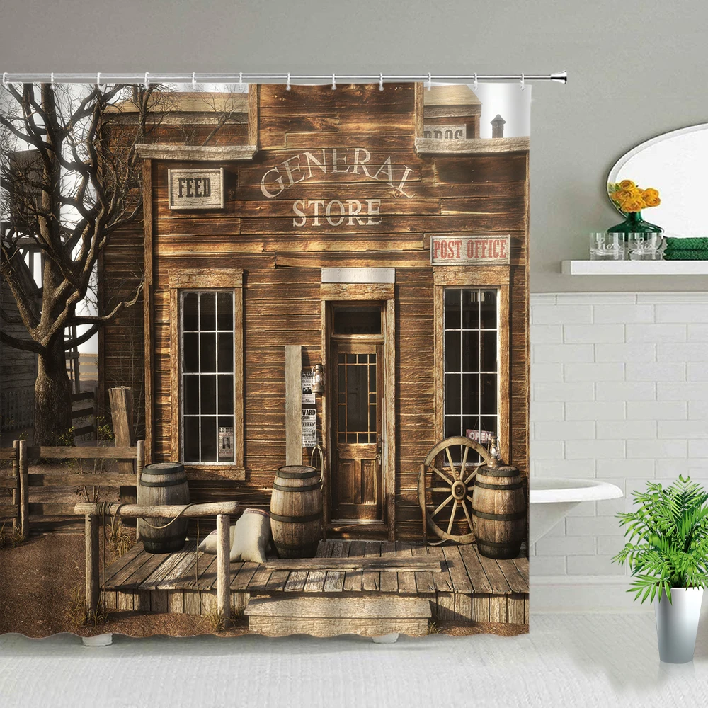 

Retro Wood Doors Shower Curtain Set Rustic Old Vintage Barn Door Fabric Bathroom Curtains Farmhouse Bath Decor Bath Screen Hooks