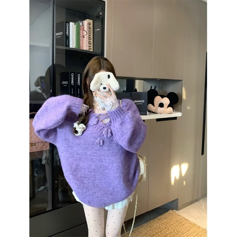 Damen Winter Long Sve Strickwaren V-Ne Loose Fit Schlankmachendes Lazy 3D Flower Design Mahua Imitation Sweater Belted Trendy Top