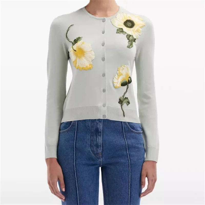 

Cardigan for women 2024 Autumn New Flower Embroidery Long sleeved Top Elastic knit slim fit Women's sweater wool blend knitwear