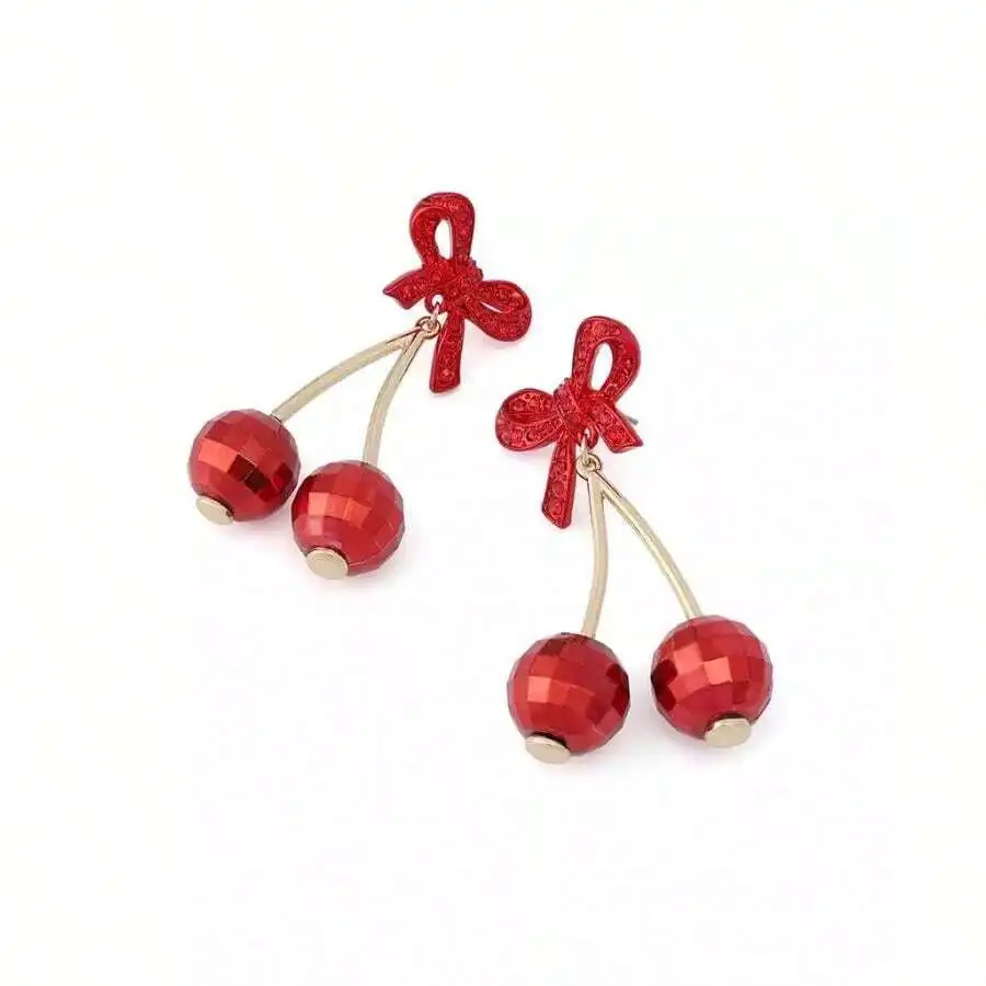 

Red Bow Cherry Drop Earrings With Faux Crystal Stones Women Fashion Dangle Earrings