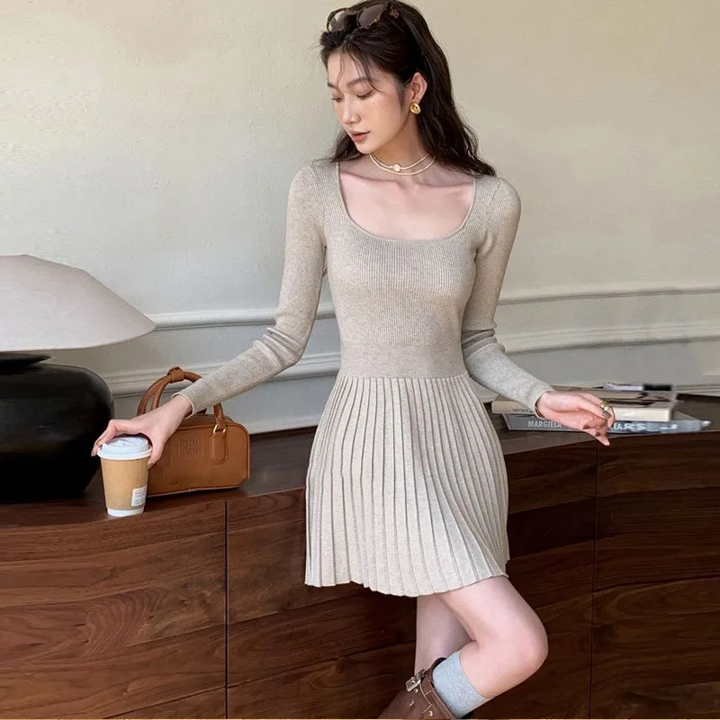 2024 Autumn/Winter New Women's Woolen Skirt, U-neck Knitted Long Sleeve Dress,with Inner Horn A-line Skirt