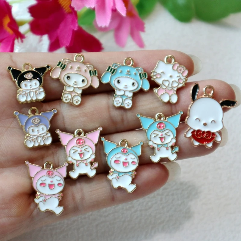 10 sztuk Kawaii Anime Sanrio Hello Kitty metalowy wisiorek emalia stop Charms naszyjnik DIY bransoletka brelok biżuteria dekoracyjna Dangle2