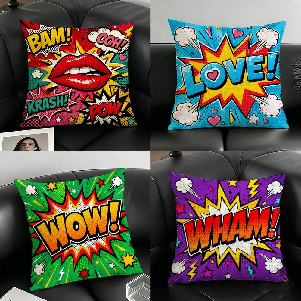 Comic Bubbles Pop Art Cushion Cover Natural Linen Organic Fabric Double-Sided Printing Breathable For Home Decor