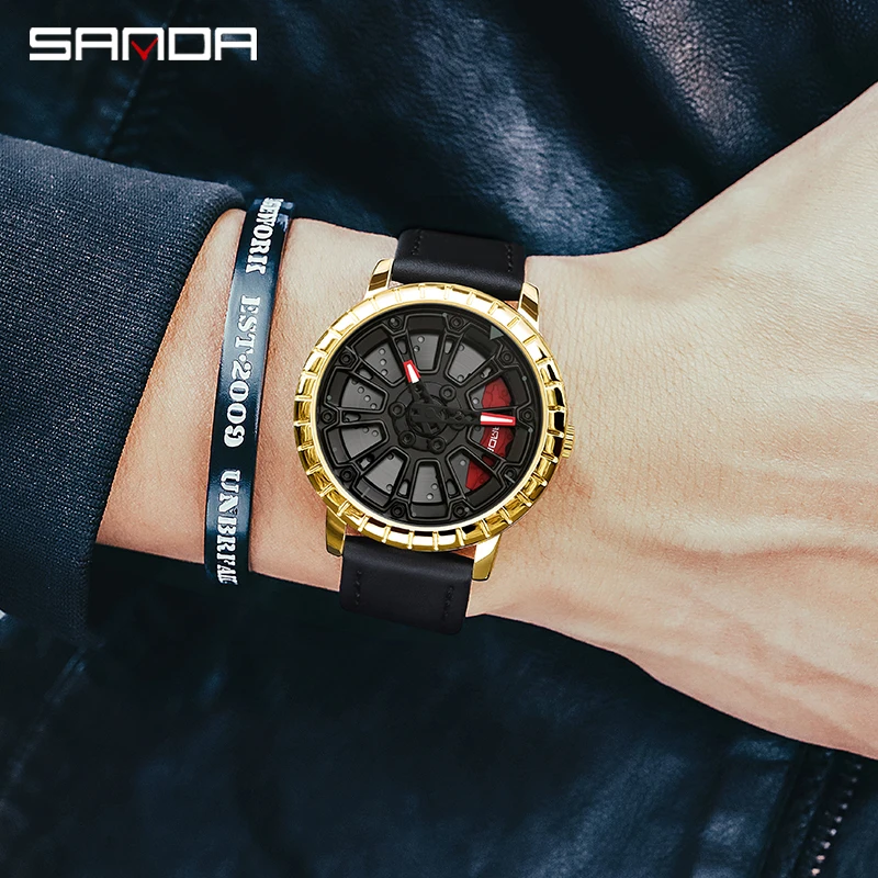 SANDA P1058 2023 ثلاثية الأبعاد مصممة موضة جديدة تصميم الرجال ساعة رياضية ل F1 مروحة سباق السيارات عجلة الساعات حلقة من الجلد ساعات المعصم