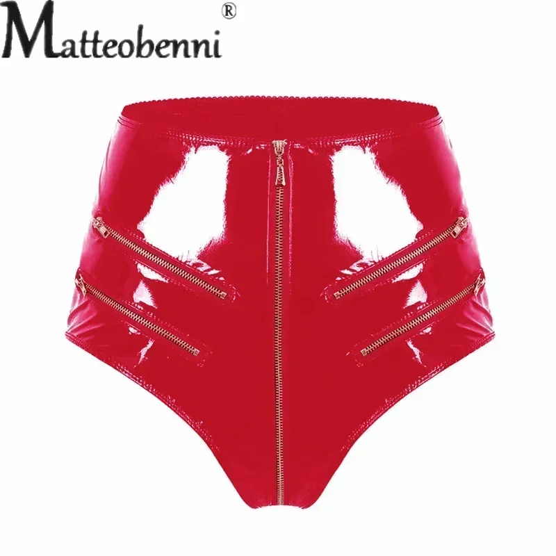 Shiny PVC Patent Leather Sexy Shorts Women Nightclub Party Erotic Triangular Trousers Multi-Zipper Open Crotch Ultra Short Pants