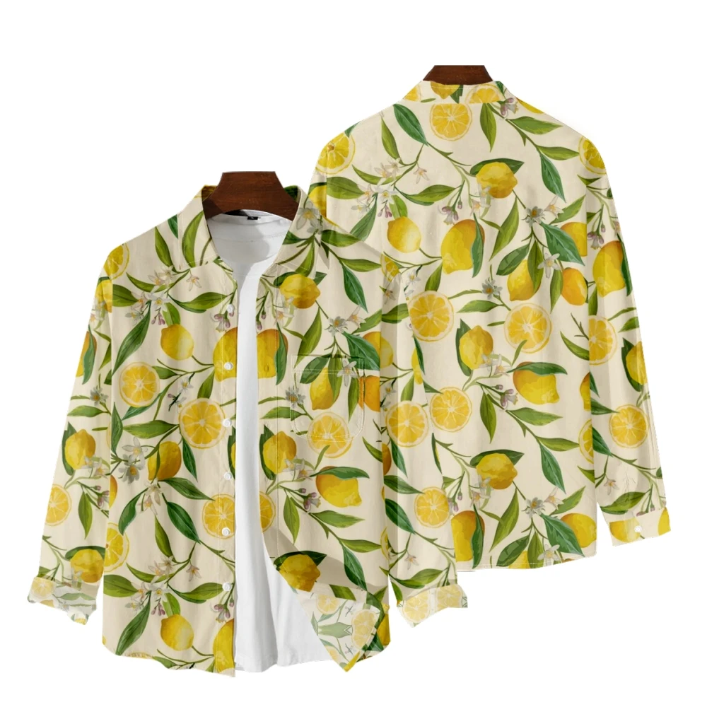 Camisas de manga larga con estampado de limones, cuello en V, cuello vuelto, camisa con botones, Tops de estilo informal