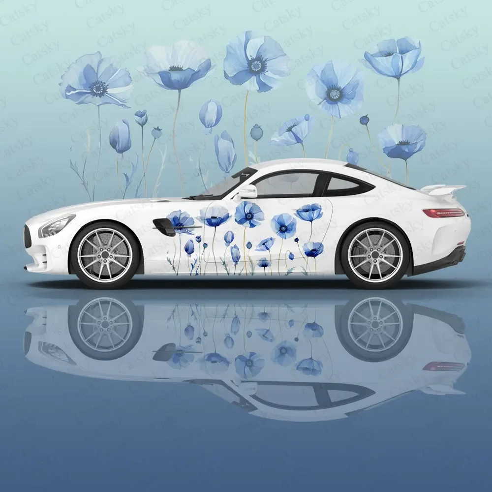 

Chinese Art Blue Flower Car Side Sticker Full Body Decal Decor Covering Scratches Waterproof Car Vinyl Wraps Auto Accessories