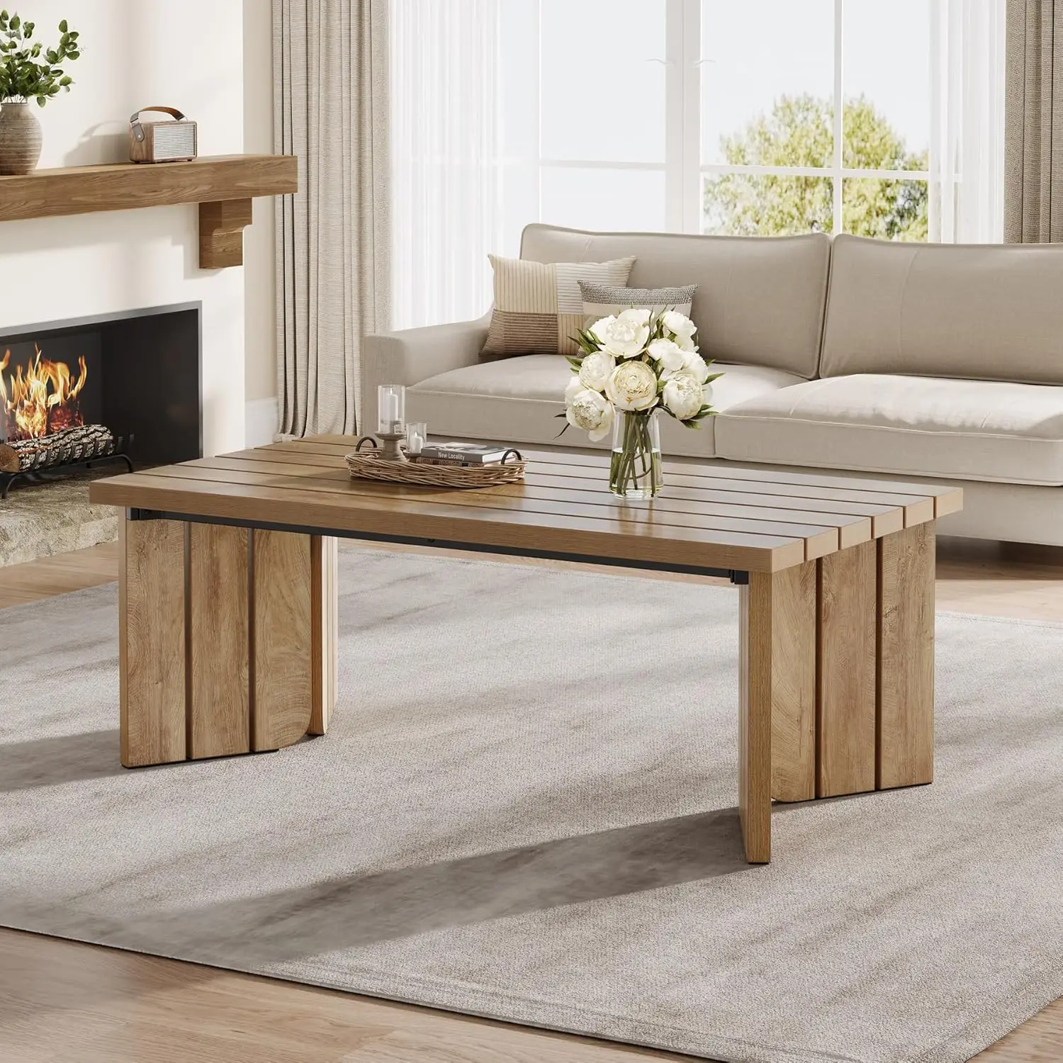 Rectangle Coffee Table, 47-Inch Farmhouse Center Table For Living Room, Walnut Wood Finish