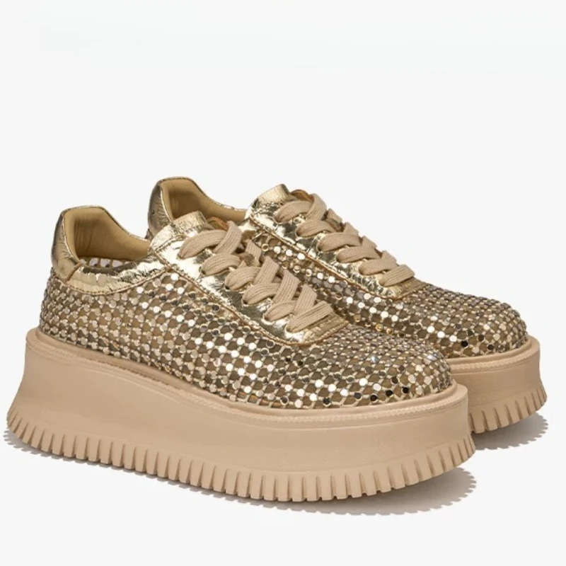 Summer Hollow Cowhide Woven Mesh Drill Thick Soled Daddy Shoes for Women's Comfortable Breathable Casual Height Increasing Shoes