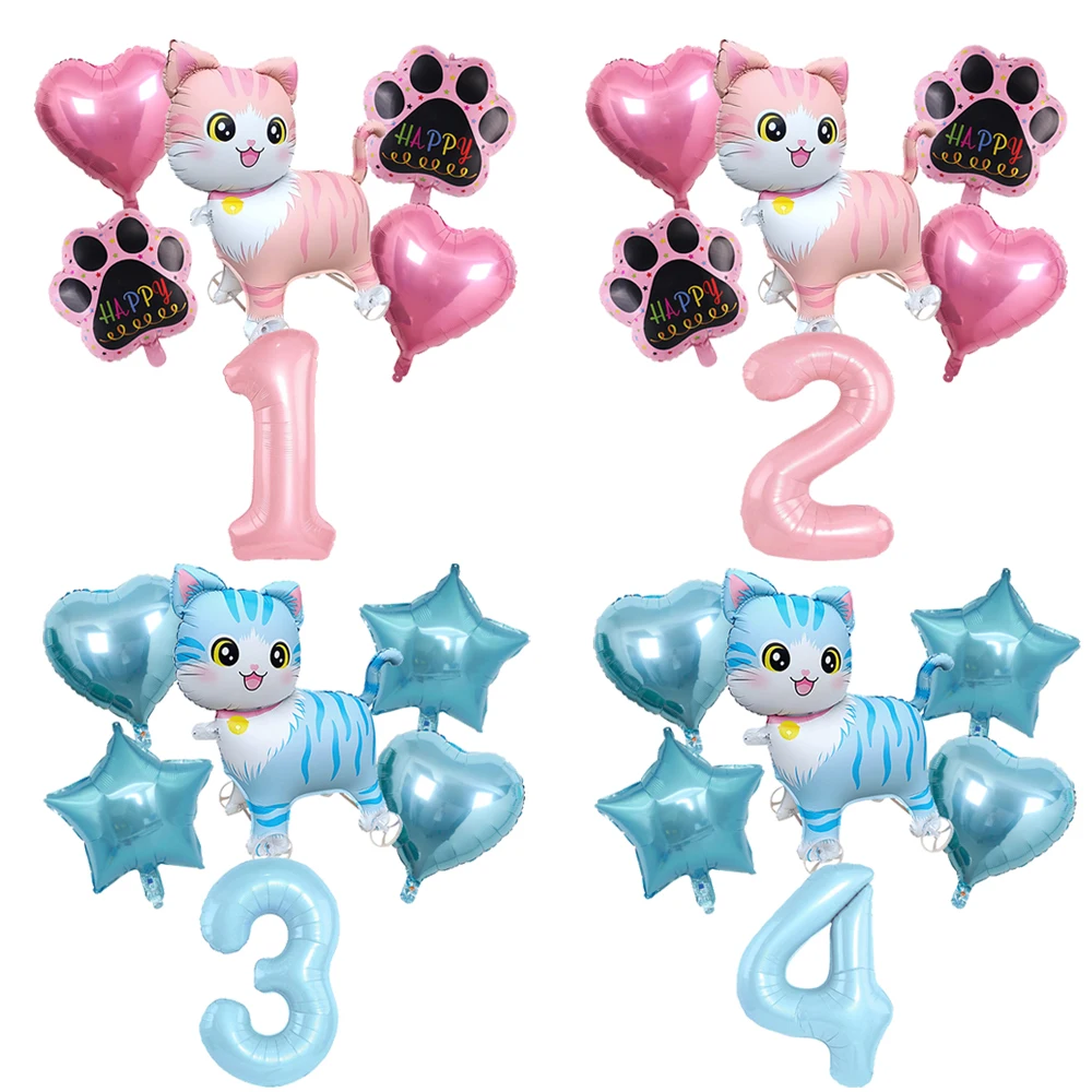 Katzen-Party-Ballonset Rosa Blau Kätzchen Katzenpfoten-Folienballon mit 32'' Zahlenballons für Jungen Mädchen 1-9. Geburtstag Party-Dekoration