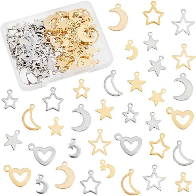 108pcs Moon Star Heart Charms 18 Styles Ramadan Star Pendants Crescent Moon Charms Stainless Steel Romantic Charms for Mubarak