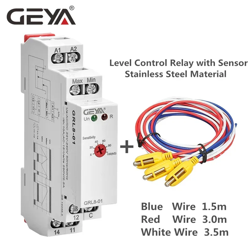 GRL8 Liquid Level Control Relay 10A Electronic Liquid Level Controller wirh Sensor AC/DC24V-240V GEYA
