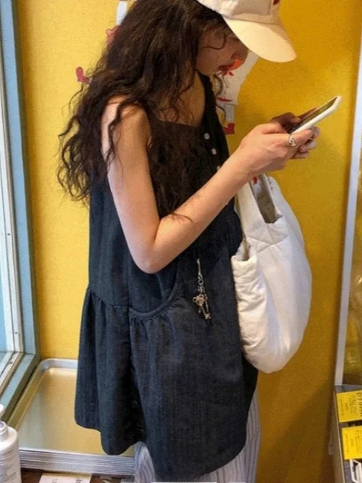 Korean Sle ort Denim Overalls Women's Faionable Summer Dr Vest Dr No Brand Commute Sle 00% Other Material - Image 2