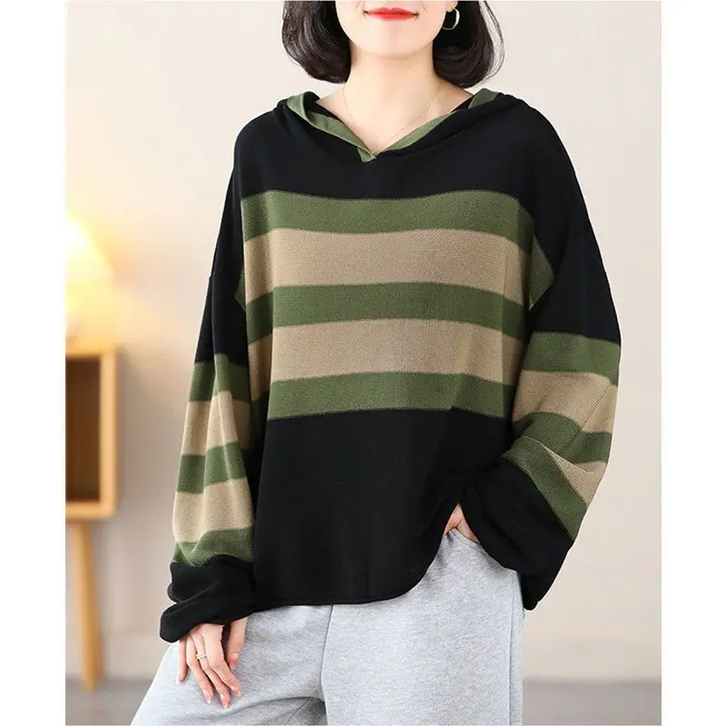 Women Autumn Simplicity Loose Large Size Striped O-neck Long Sleeve Hooded Knitwear Women Clothes Fashion All-match Trend Tops