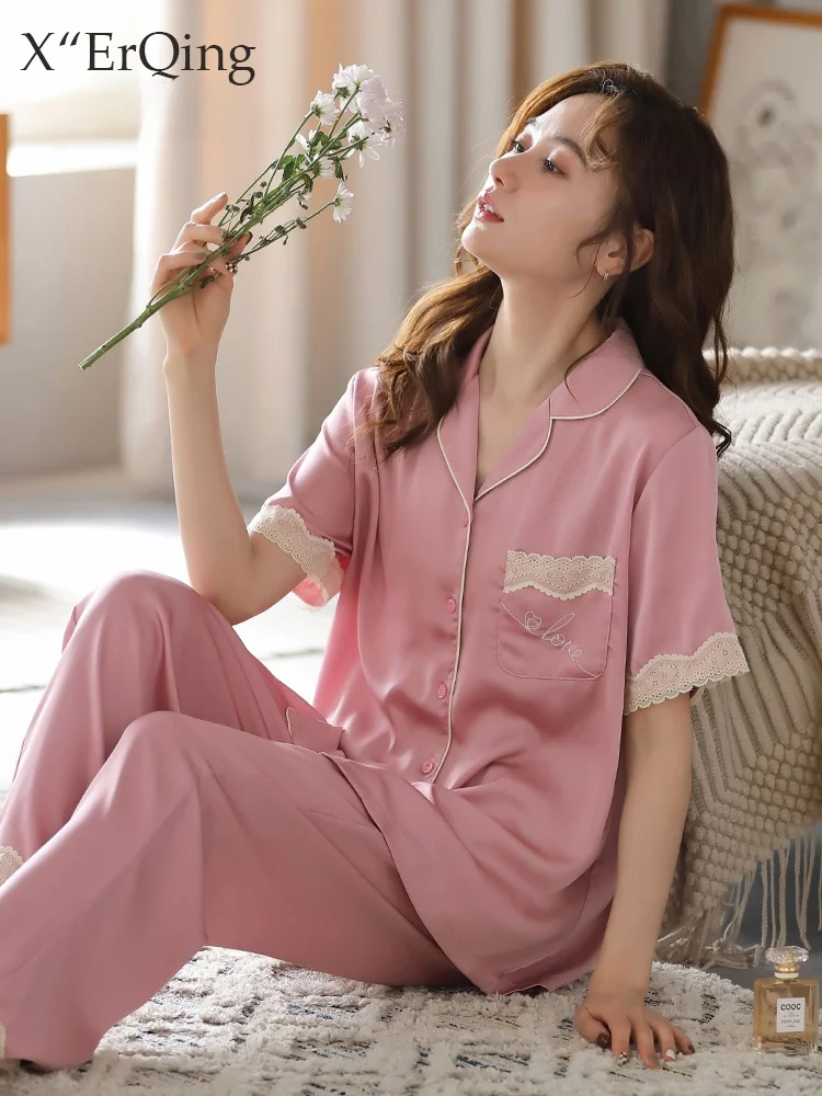 summer-ice-silk-women's-sleepwear-set-short-sleeve-long-pants-home-clothes-simulation-silk-high-end-feeling-outwear-capability