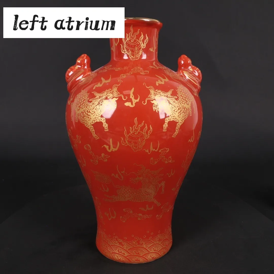 

Ceramic Vases Ornament Home Decoration Accessories For Living Room Chinese Jingdezhen Porcelain Red Glazed Double Ear Vase