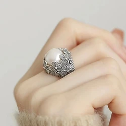 Fashion Elegant Carve Flower Imitation Pearl Adjustable Ring for Women Charm Engagement Wedding Ring Party Jewelry Gifts