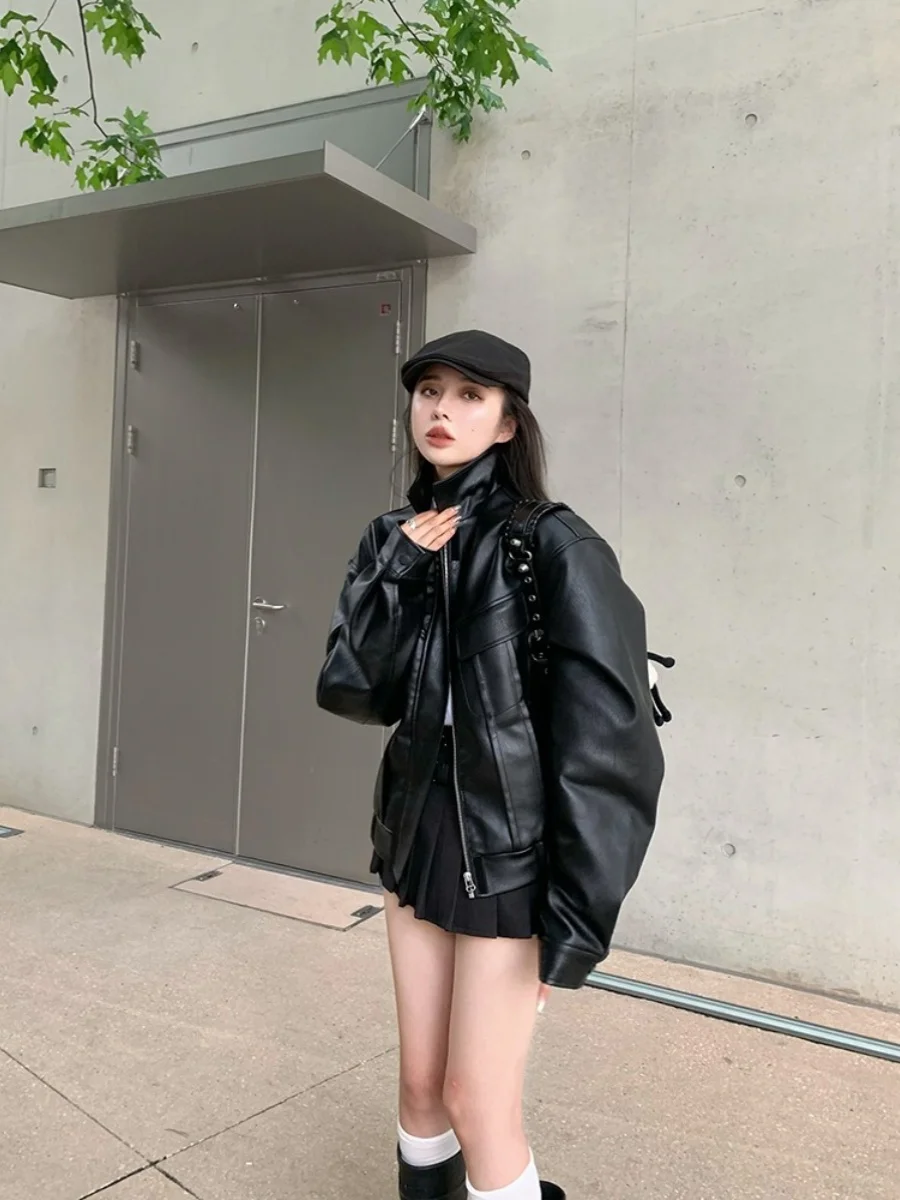 미국 레트로 스타일 짧은 가죽 재킷 여성 루즈 디자인 감각 오토바이 의류 가을 신상 PU 가죽 코트 여성 패션