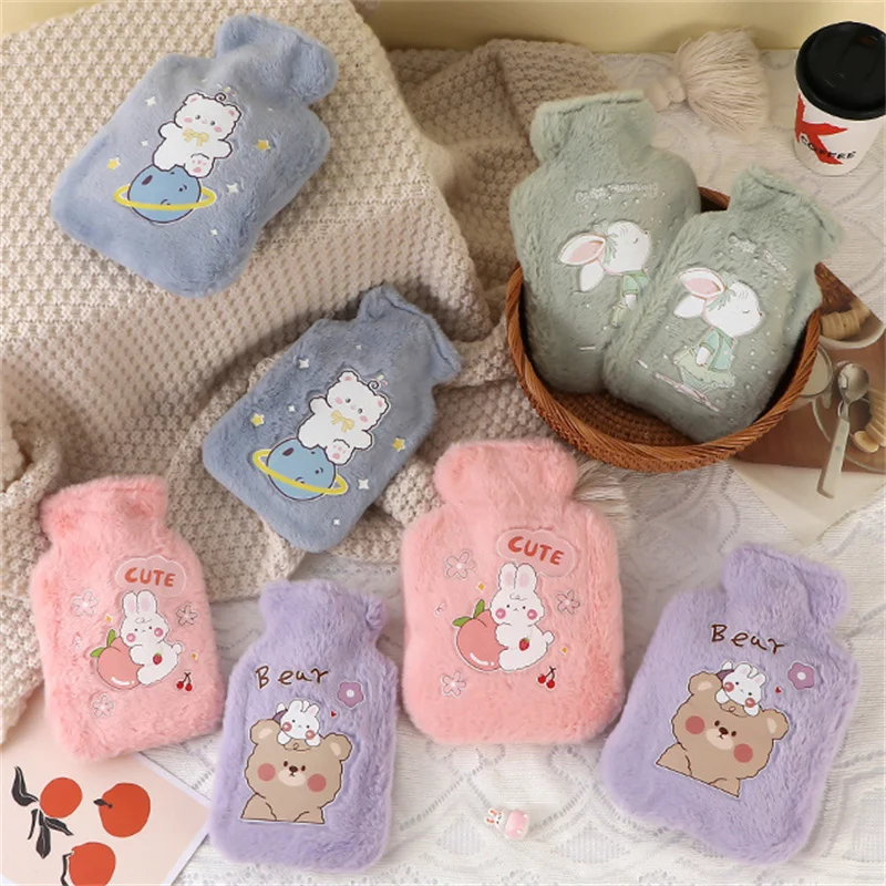 250ML bouillotte Hot Water Bottle Plush Cartoon Kawaii Bear Kat Rabbit Animal Pattern Thick Hot Water Bag Hand Feet Winter Warm