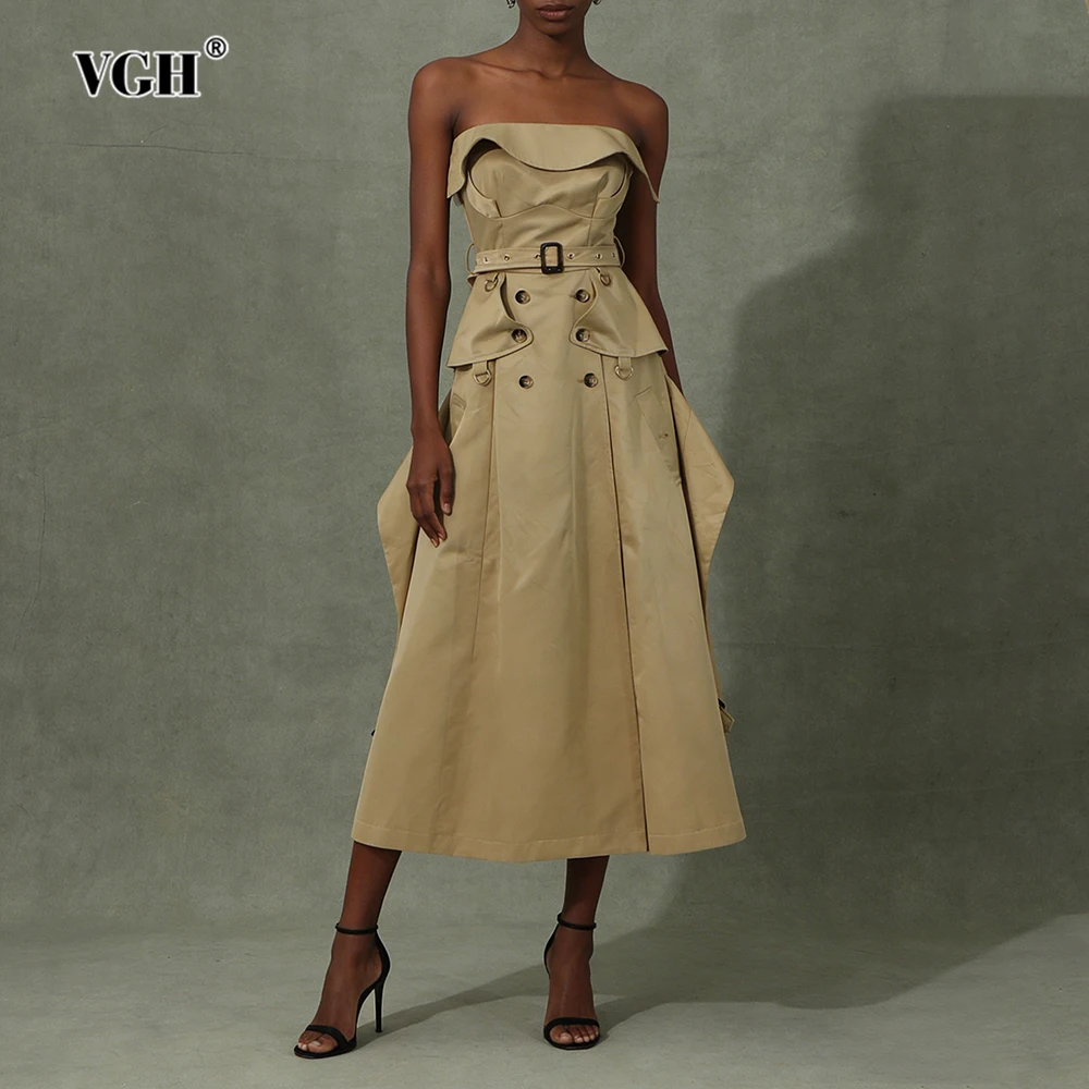 

VGH British Style Solid Slimming Long Dresses For Women Strapless Sleeveless High Waist Autumn Casual Folds Dress Female Fashion