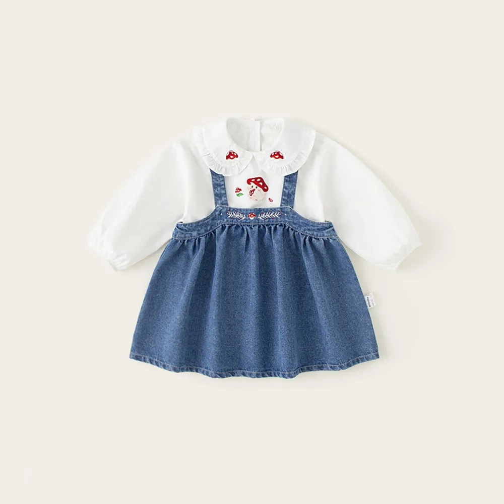 Girl's Two-Piece Set baby girl clothes kids 2pcs set Doll collar cartoon embroidered shirt+denim camisole dress