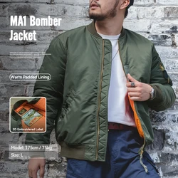 Maden Vintage MA1 Pilot Jacket Green Thickened Cotton-padded Jacket Casual Baseball Pockets Flight Zipper Outwear for Men's Fall